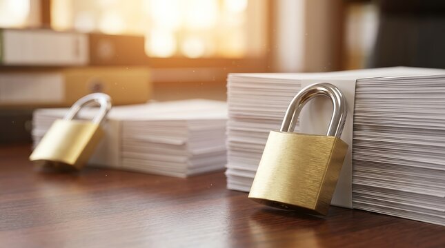 Golden padlocks securing stacks of documents for privacy and data protection.