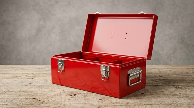 An open empty red metal toolbox with silver latches on a wooden surface.