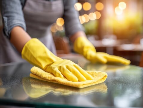 person cleaning a glass surface with yellow gloves