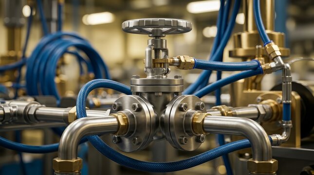 Industrial pneumatic tools and valves connected to a compressed air system.