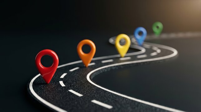 Colorful markers on a winding road path representing journey progress and future goals.