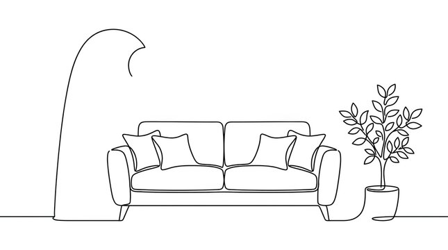 Modern sofa with pillows, lamp, and potted deciduous plant in a single line drawing.