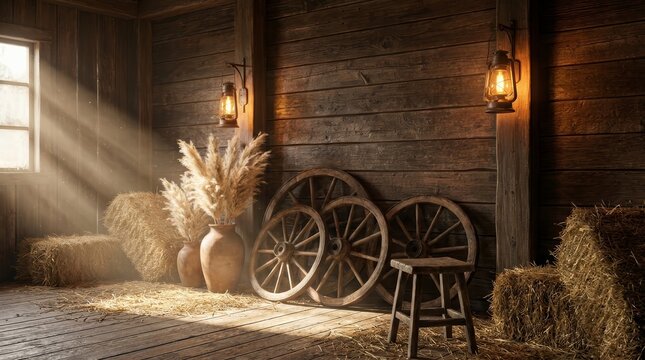 Rustic western barn interior featuring vintage decor and wooden walls.