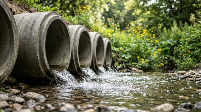 Concrete pipes draining water into a river for a drainage system.