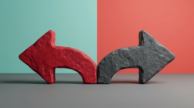 Two textured arrows pointing in opposite directions on a split background symbolizing divergence and choice.