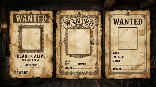 Vintage western wanted poster templates on aged paper textures.