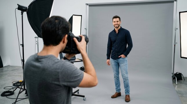 Professional photographer taking a portrait of a man in a photo studio.