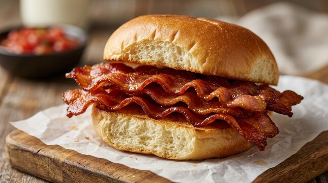 Crispy bacon strips inside a warm soft bread roll for a savory breakfast.