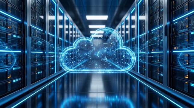 A futuristic tech scene featuring cloud computing and big data transfer on the internet.