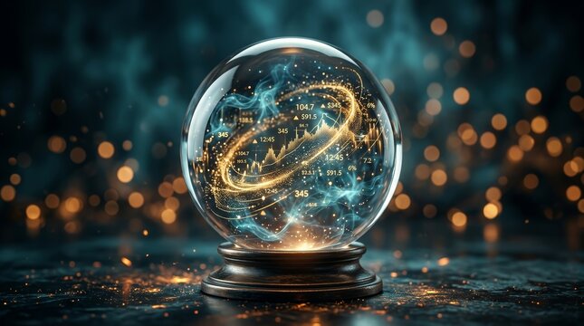 Crystal ball showing glowing data patterns and digital numbers for finance prediction.