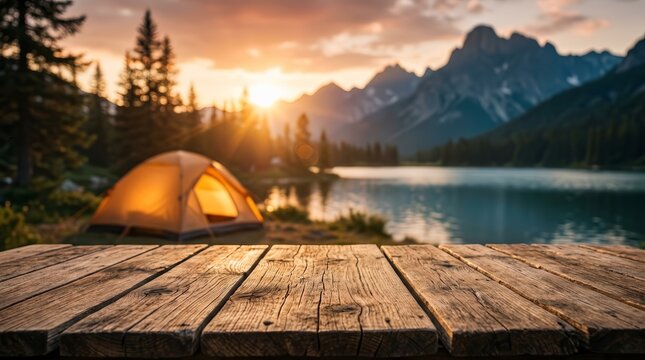 Wooden table for product display in a camping scene near a mountain lake at sunset.