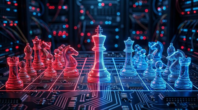 Chess game with red and blue team pieces on a circuit board representing a cybersecurity breach simulation.