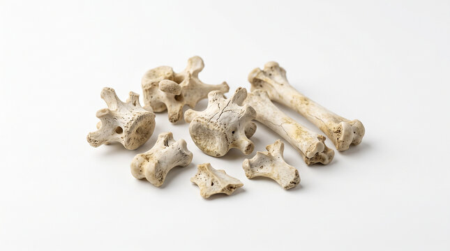 A collection of scattered dry animal bones displayed on a plain white studio background with vertebrae arranged together several weathered animal clean white surface