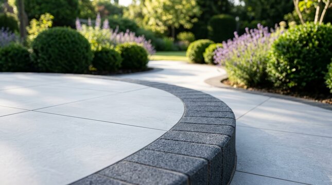 Modern garden paving with grey porcelain patio tiles and charcoal edge bricks.