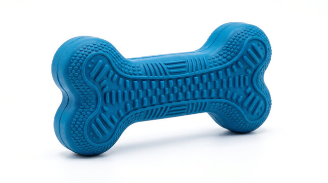 Blue rubber bone shaped chew toy for pets isolated on a plain white background surface with textured surface details recreational accessory malleable equipment