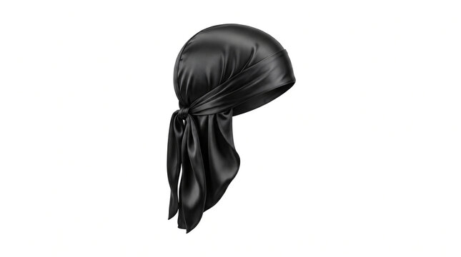 A black silk durag headwrap displayed in a side profile isolated on a white background with against plain white headwrap shown protection minimalist accessory with headwear