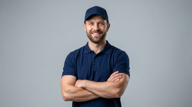 Confident male tech worker in navy blue polo and cap standing with arms crossed.