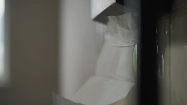 Close up of hand reaching for and pulling from paper towel dispenser. Hand with red nail polish grasps white tissue pulls it free as camera focuses on motion. Soft indoor lighting