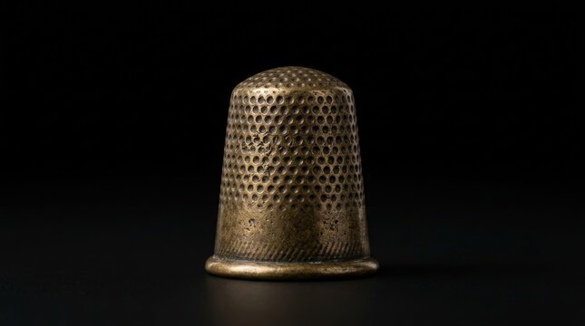 An antique metal thimble used for sewing tasks.