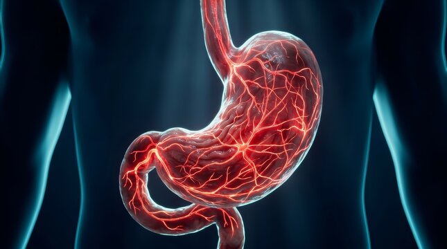 Anatomical view of the human stomach with a red glowing nervous system.