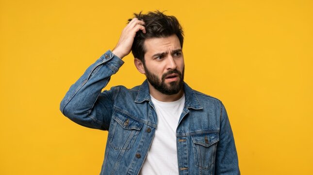 Confused bearded man scratching his head while wearing a denim jacket over a white shirt.