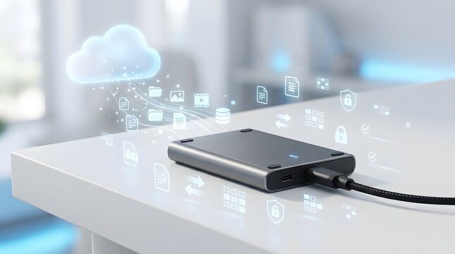 Conceptual 3D illustration of a portable external solid state drive backing up data to the cloud