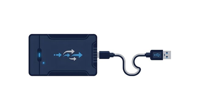 Vector illustration of a modern external hard drive connected with a USB cable