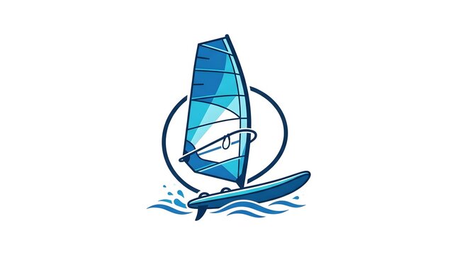 Vector illustration of a windsurfer in action on stylized blue ocean waves