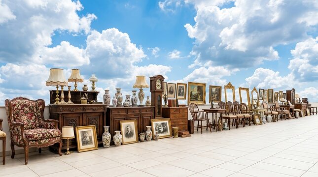 Assorted vintage furniture and antique collectibles arranged against a blue sky with clouds.