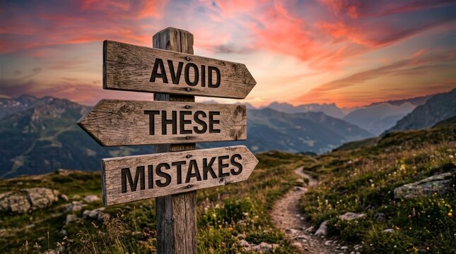 Wooden signpost with text avoid these mistakes in a mountain landscape at sunset.