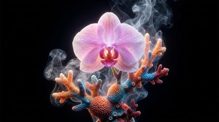 Naklejka premium Beautiful orchid flower combined with colorful coral reef textures.
