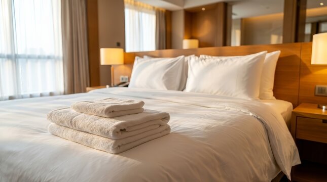 Luxurious hotel room bed featuring fresh white linens and neatly arranged duvet cover.