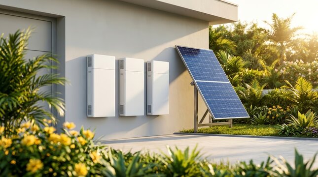 Modern home battery packs mounted on a garage wall for sustainable energy storage.