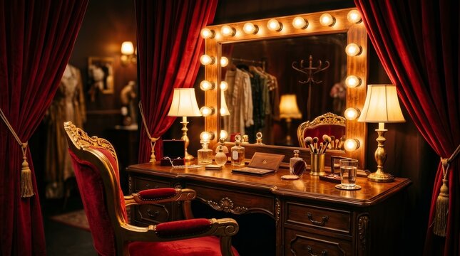 Glamorous Hollywood dressing room with a vintage vanity table and illuminated mirror.