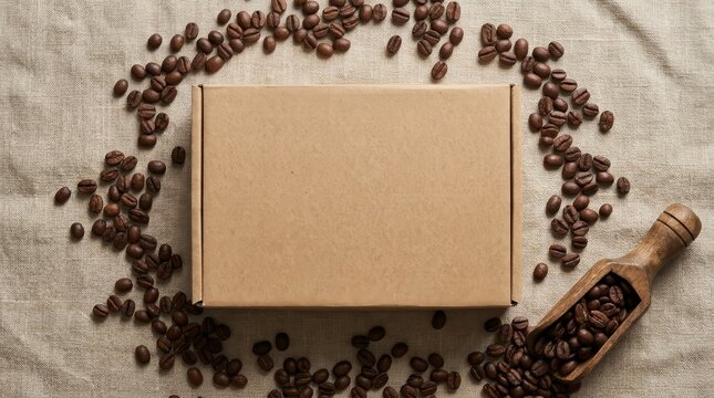 Cardboard mailing box on rustic linen fabric surrounded by coffee beans