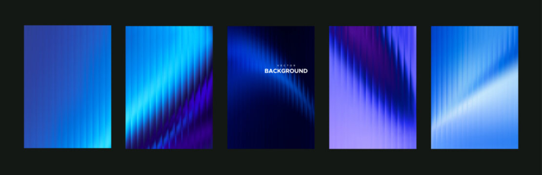 Minimalist aesthetic design templates for modern visual art project. Ribbed glass texture effect with ocean blue vertical stripes. Abstract vector background. Posters with blurred refracted pattern.