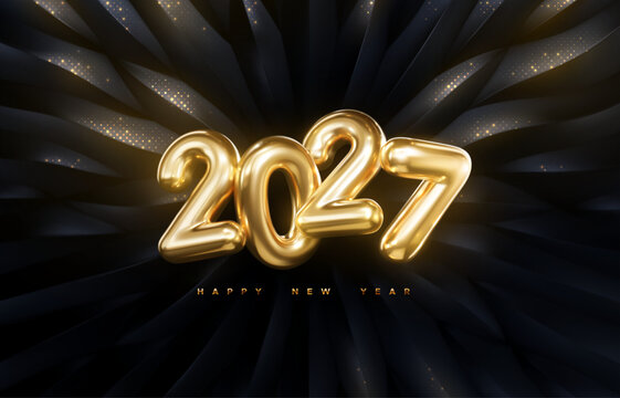 2027 golden metallic sign. Happy New 2027 Year banner. Vector holiday illustration. Realistic numbers on black background with shimmering glitters.