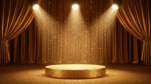 Golden round platform shines under stage spotlights with falling glitters.