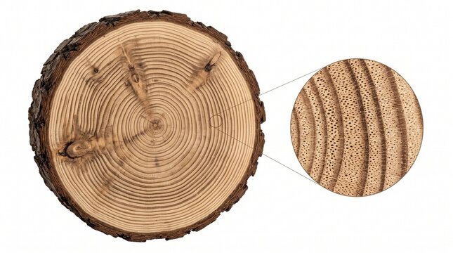 Tree trunk cross section displays dark concentric growth rings and rough bark textures with a magnified circular inset showing detailed wood grain patterns under bright even studio illumination.