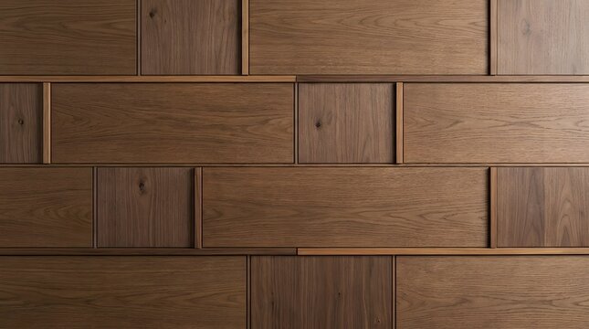 A sophisticated modern wall paneling design featuring premium walnut wood planks arranged in an intricate architectural staggered pattern with natural grain, isolated on a white background
