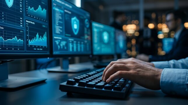Cyber security and network protection concept with digital shield icons and data graphs on computer monitors.