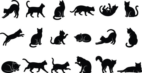 Obraz premium Set of black cat silhouettes in various poses including sitting, stretching, playing, sleeping, walking, and jumping on white background
