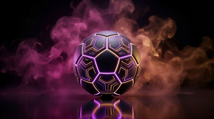Fototapeta premium Futuristic Neon Glowing Cyberpunk Soccer Ball with Purple and Gold Smoke on Dark Reflective Surface