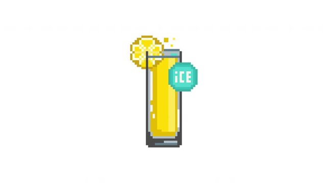 Pixel art yellow cocktail animation with Bouncing ICE Icon,  loop	
