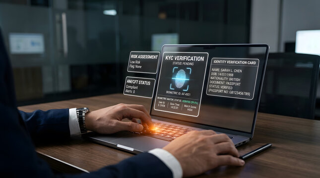 Businessman performing Know Your Customer (KYC) verification on a laptop, interacting with a holographic interface for digital identity and security.