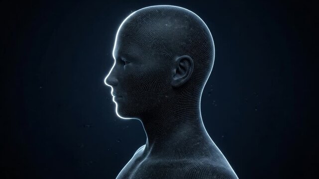 Futuristic digital human face with glowing contours and a particle energy trail, representing artificial intelligence, machine learning, virtual identity and advanced technology.