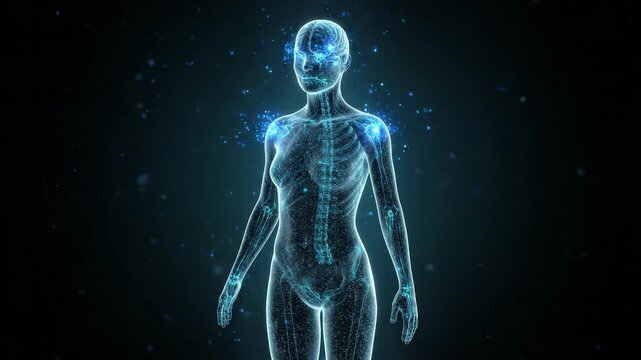 Futuristic transparent digital human with glowing internal anatomy and neural activity, representing artificial intelligence, healthcare technology, biotechnology and data science.