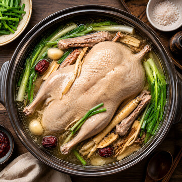 Traditional Korean Whole Duck Soup with Herbs and Vegetables