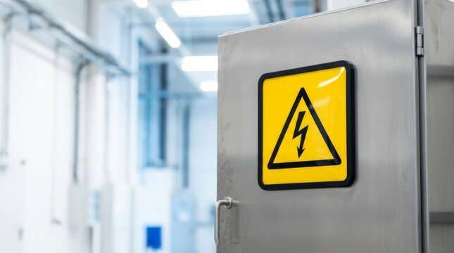 High voltage warning sign on brushed steel electrical enclosure door in modern industrial facility with copy space
