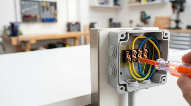 Electrician testing junction box wiring with voltage tester screwdriver in modern workshop